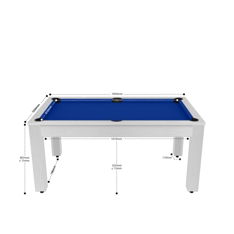 Billard Texas 6 pieds convertible en table à manger - 6 personnes - Coloris blanc boisé tapis bleu