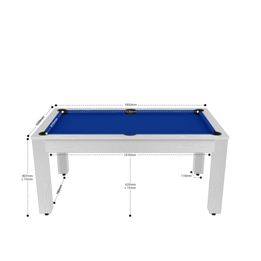 Billard Texas 6 pieds convertible en table à manger - 6 personnes - Coloris blanc boisé tapis bleu