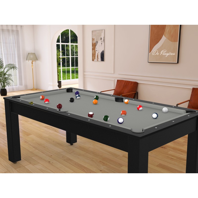 Billard Arizona 7 pieds convertible en table à manger - 8 personnes - Coloris noir grainé tapis gris